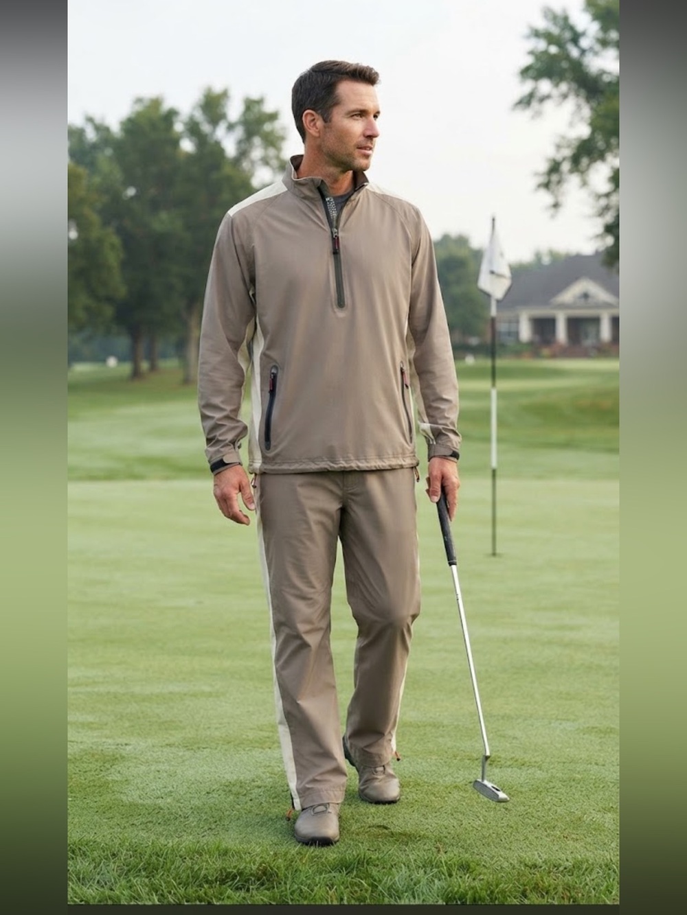 Sun Mountain golf rain suit, coordinating half-zip long-sleeve & matching pants